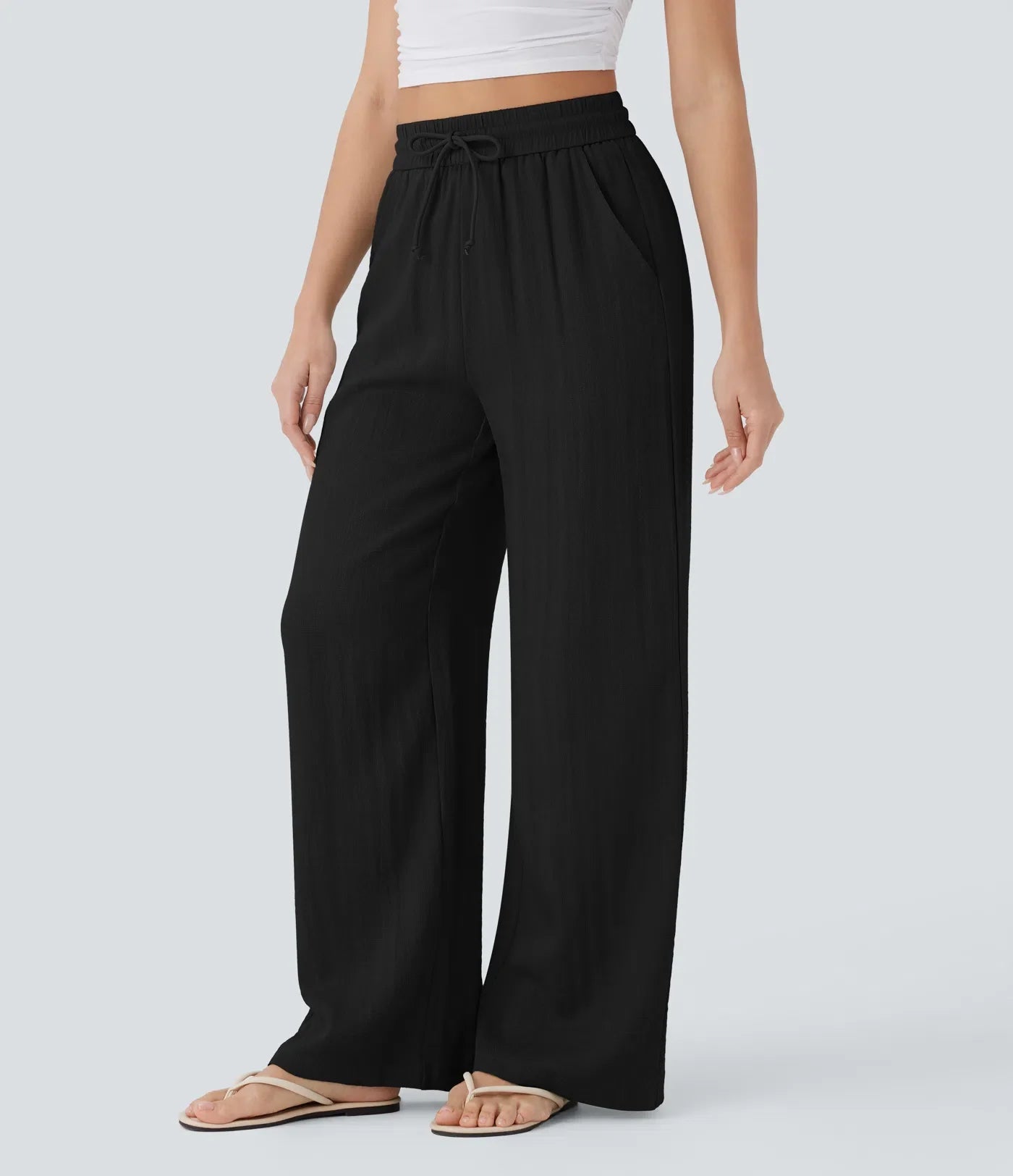 Pantalon casual taille haute à jambe large effet lin avec cordon et poches-15