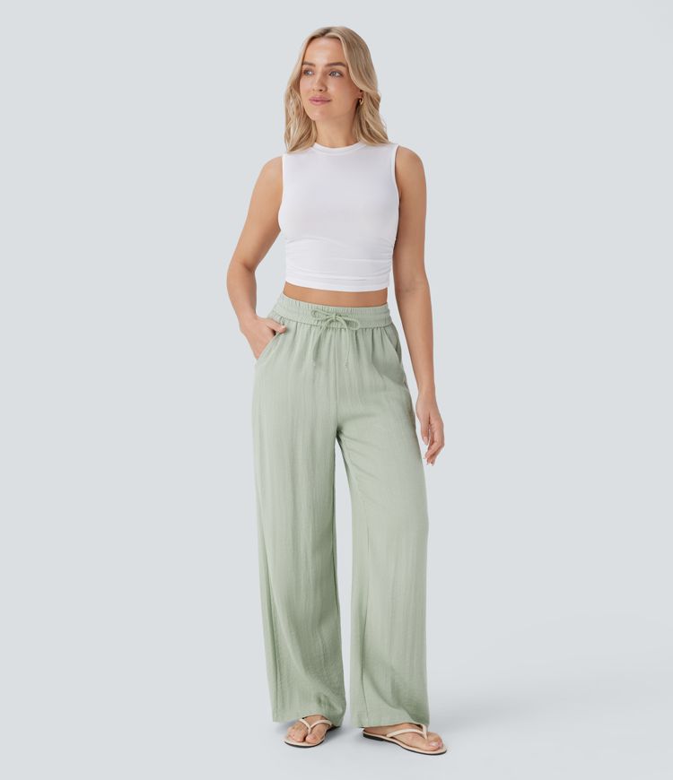 Pantalon casual taille haute à jambe large effet lin avec cordon et poches