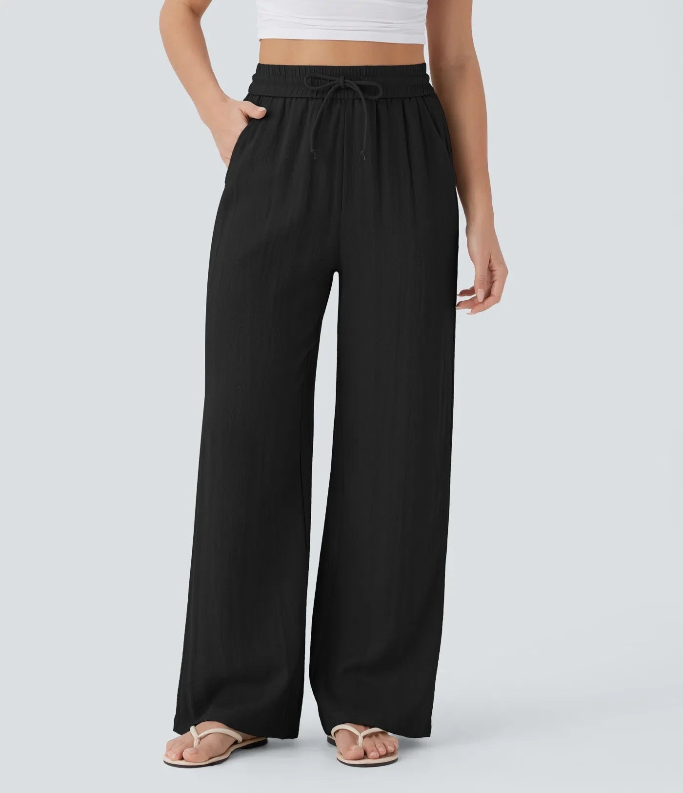 Pantalon casual taille haute à jambe large effet lin avec cordon et poches-13