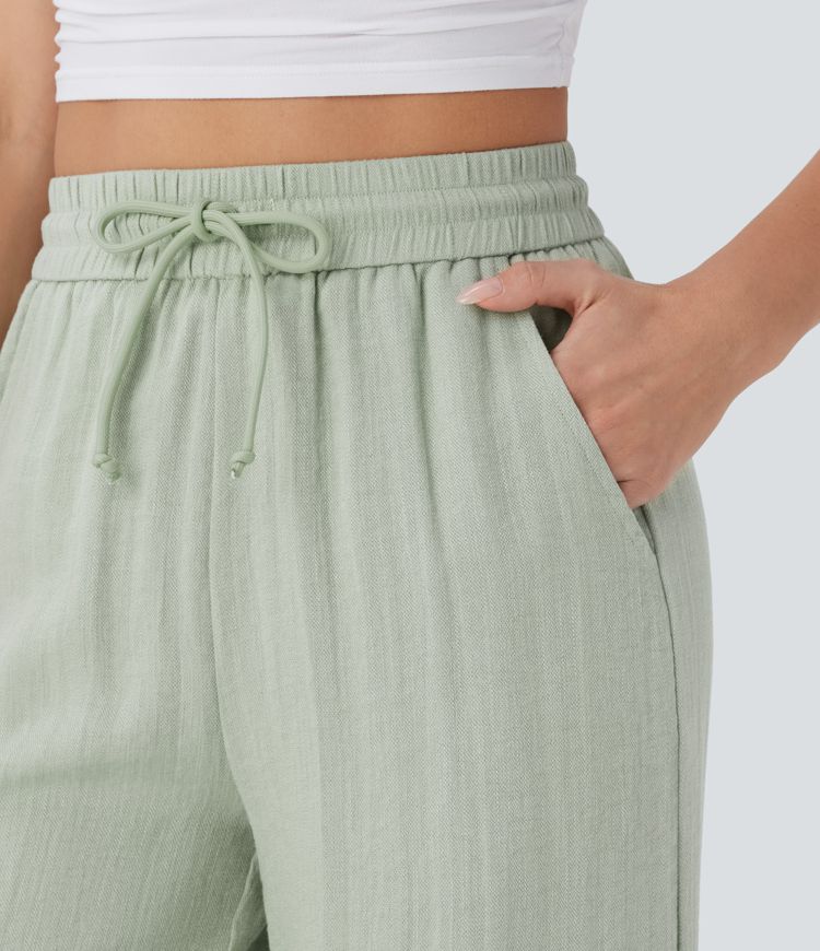 Pantalon casual taille haute à jambe large effet lin avec cordon et poches-5