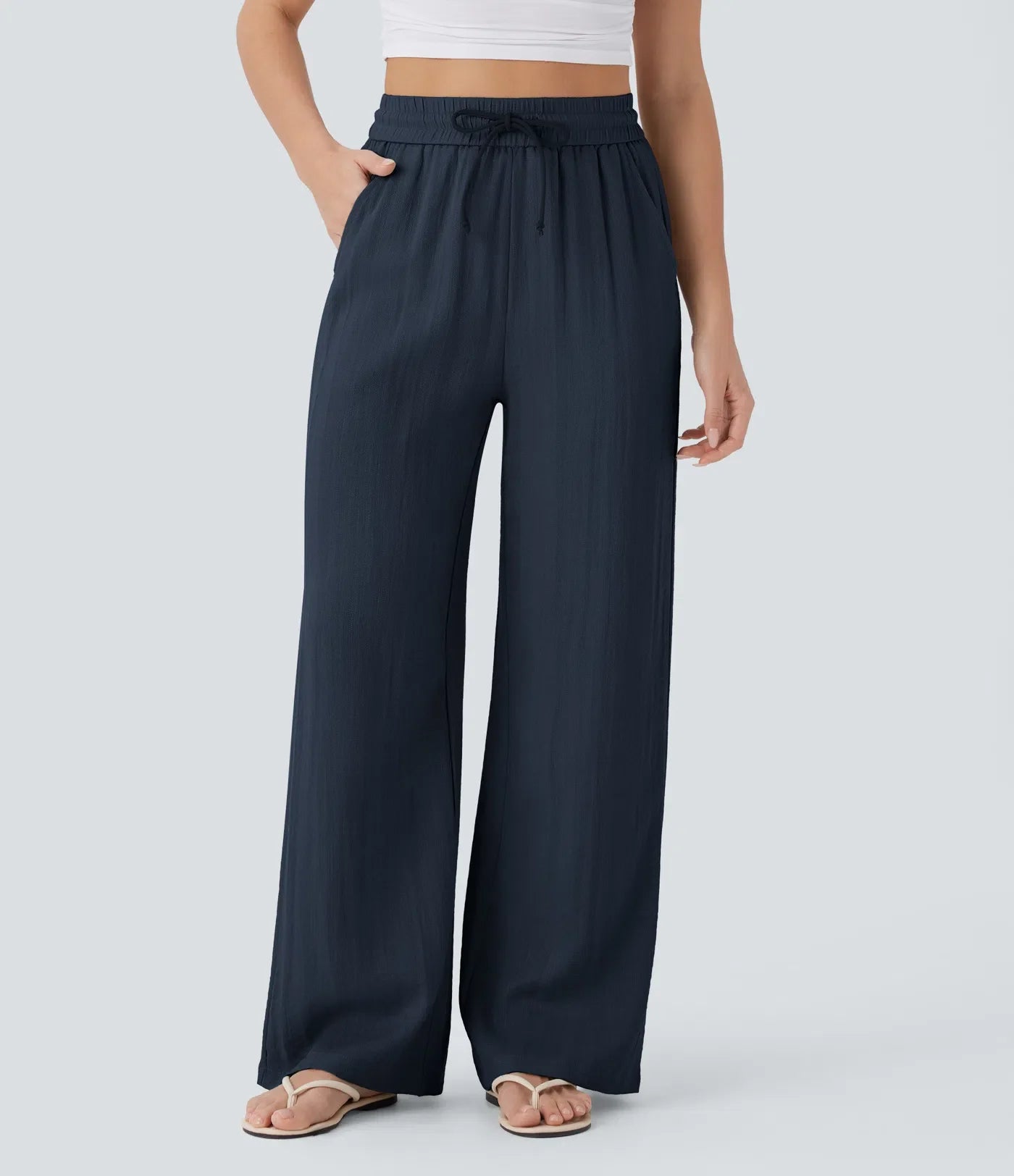 Pantalon casual taille haute à jambe large effet lin avec cordon et poches-16
