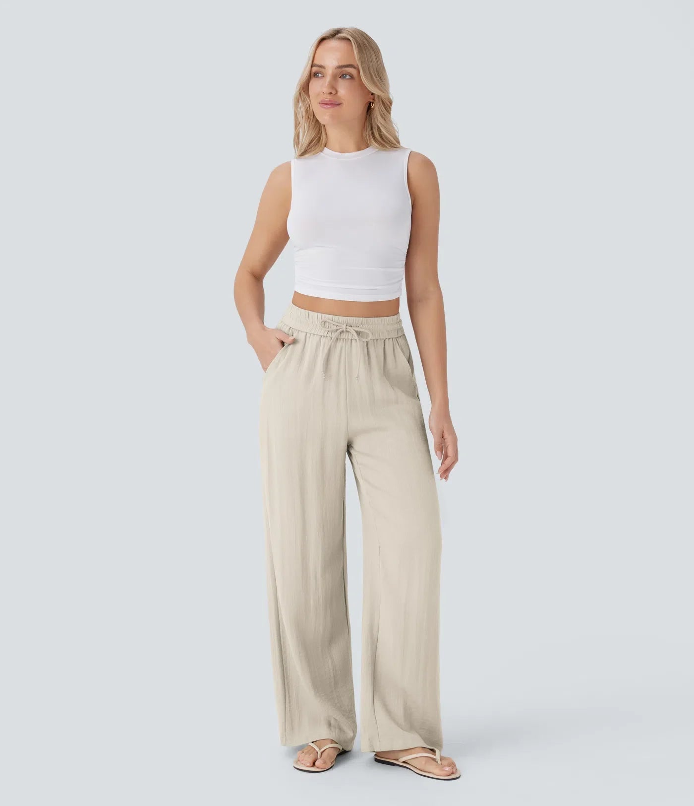 Pantalon casual taille haute à jambe large effet lin avec cordon et poches-11