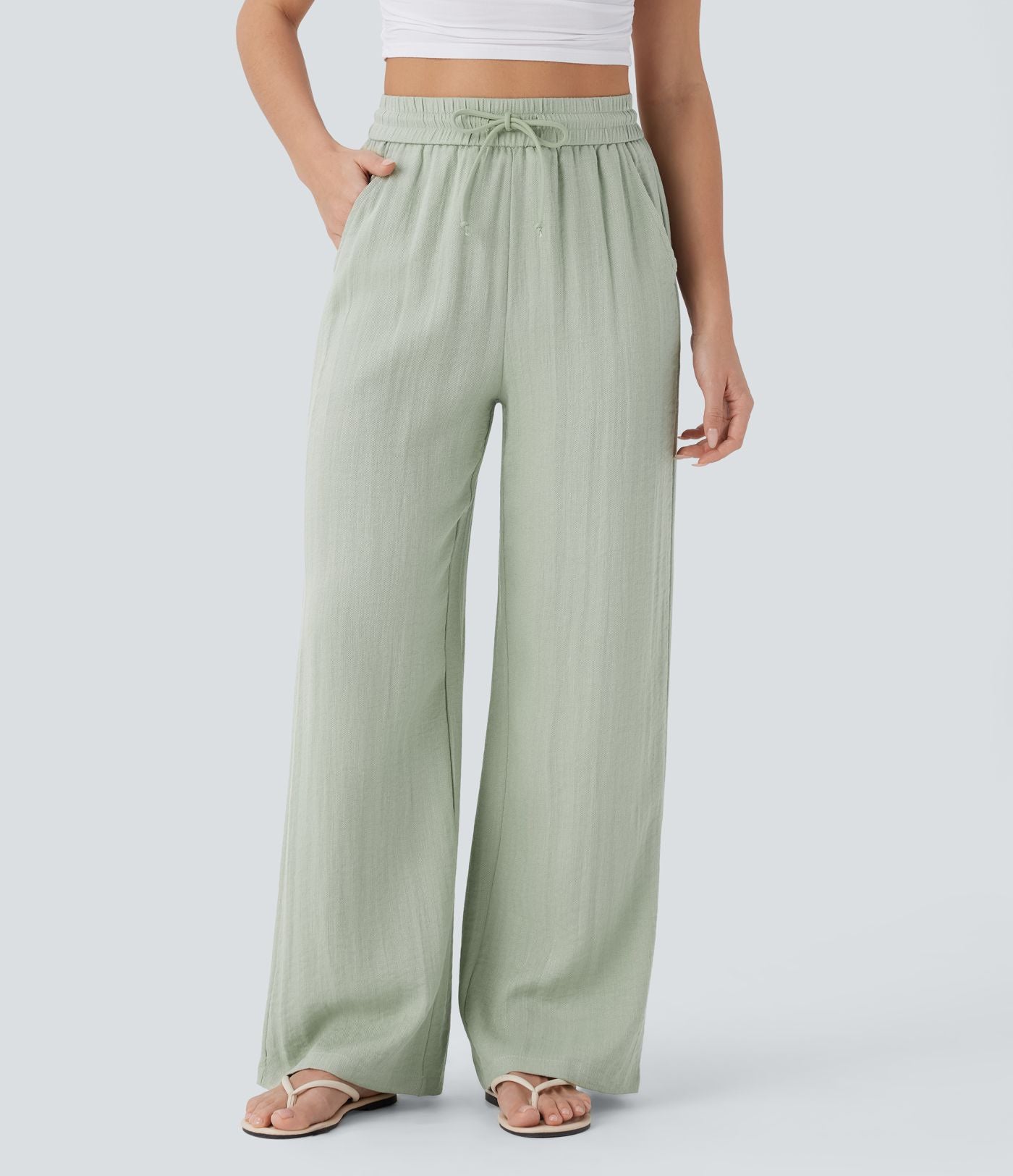Pantalon casual taille haute à jambe large effet lin avec cordon et poches-6