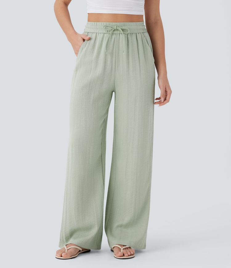 Pantalon casual taille haute à jambe large effet lin avec cordon et poches-2