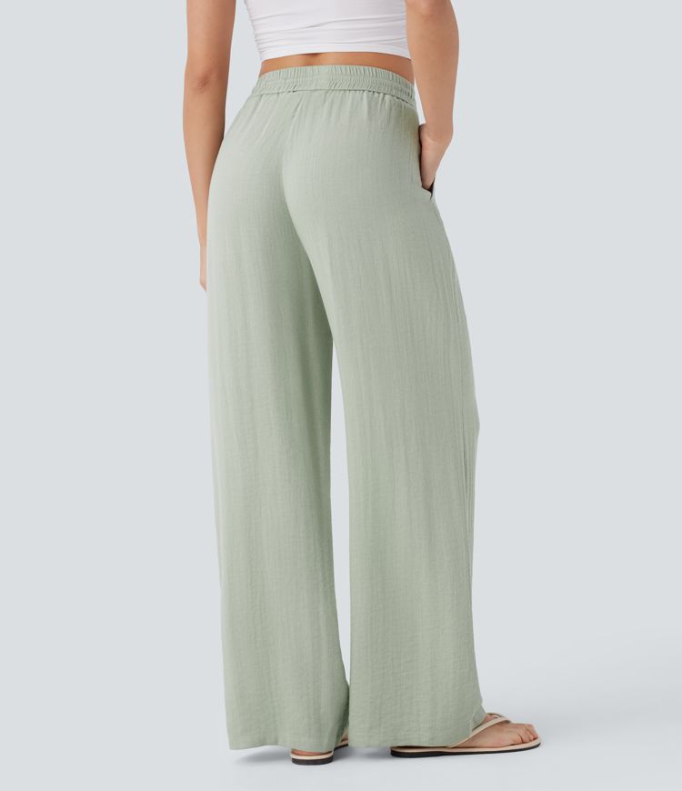 Pantalon casual taille haute à jambe large effet lin avec cordon et poches-3