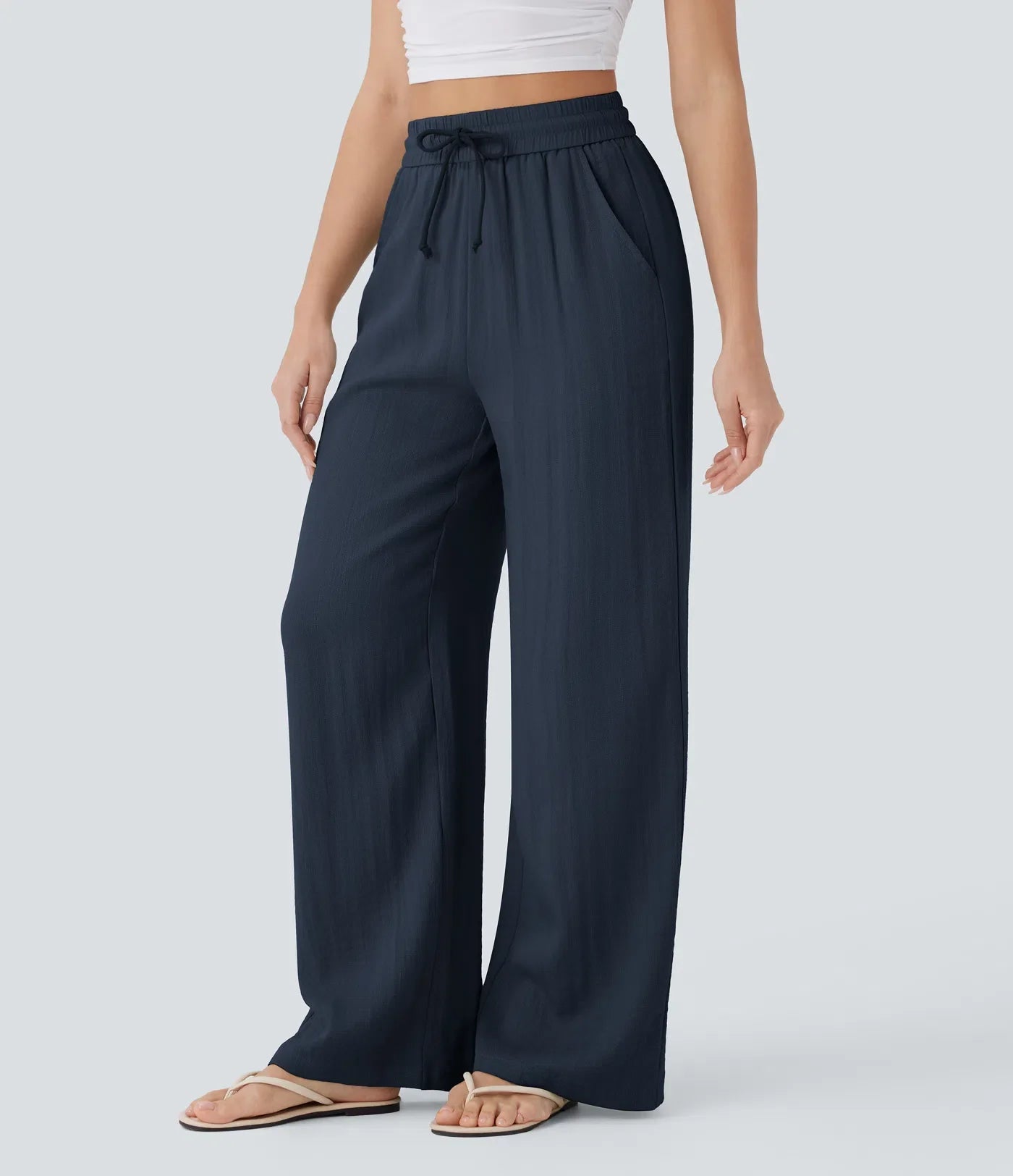 Pantalon casual taille haute à jambe large effet lin avec cordon et poches-18