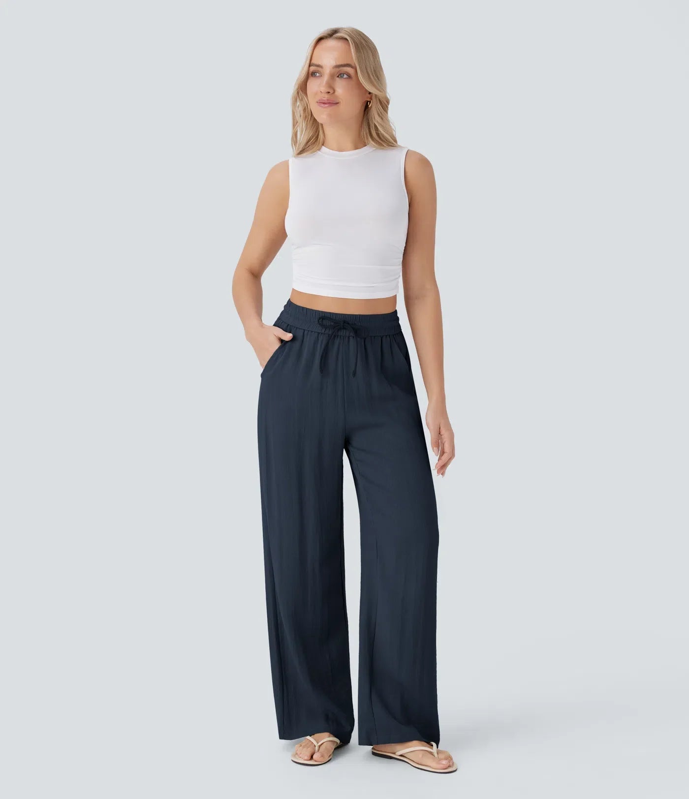 Pantalon casual taille haute à jambe large effet lin avec cordon et poches-17