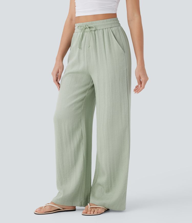 Pantalon casual taille haute à jambe large effet lin avec cordon et poches-4