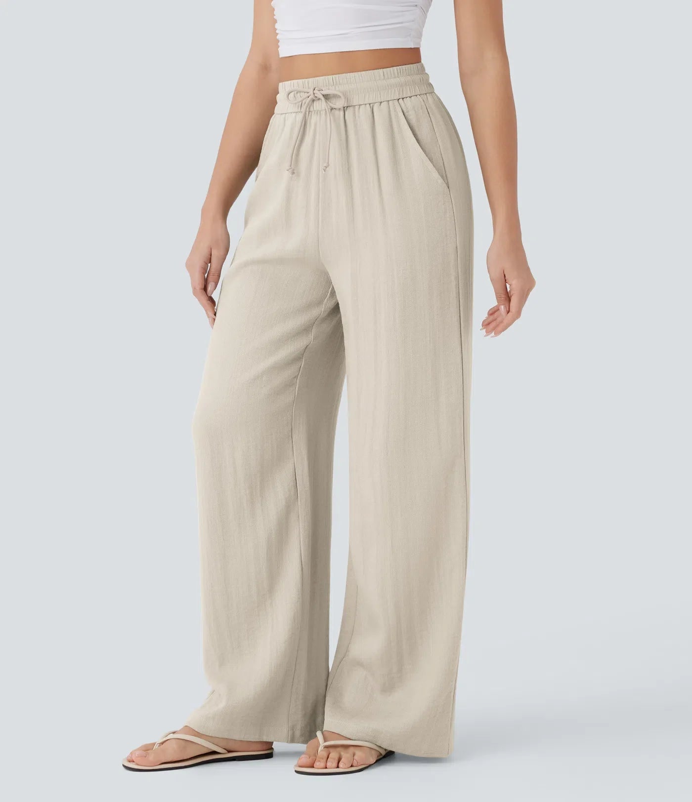 Pantalon casual taille haute à jambe large effet lin avec cordon et poches-12