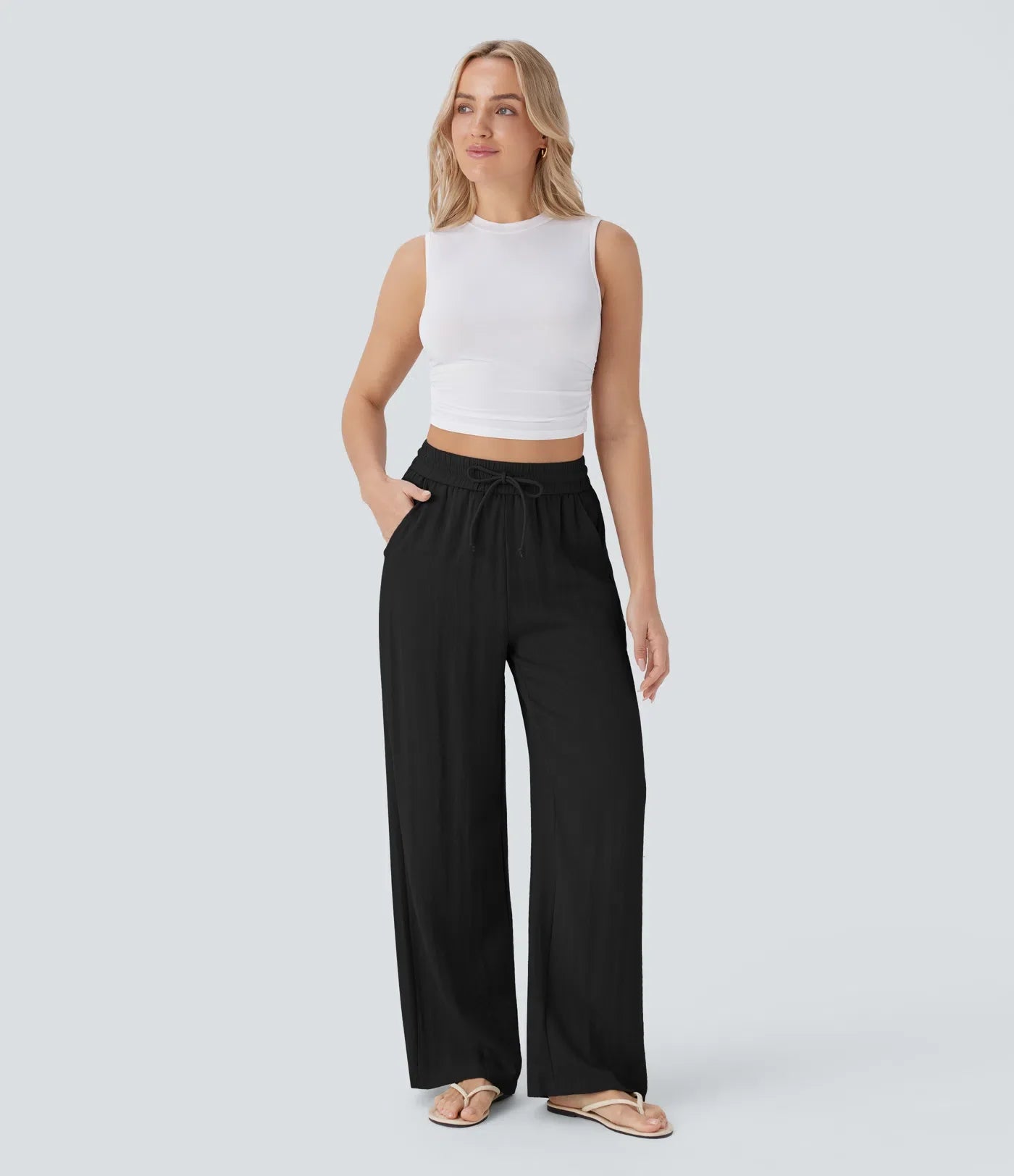 Pantalon casual taille haute à jambe large effet lin avec cordon et poches-14