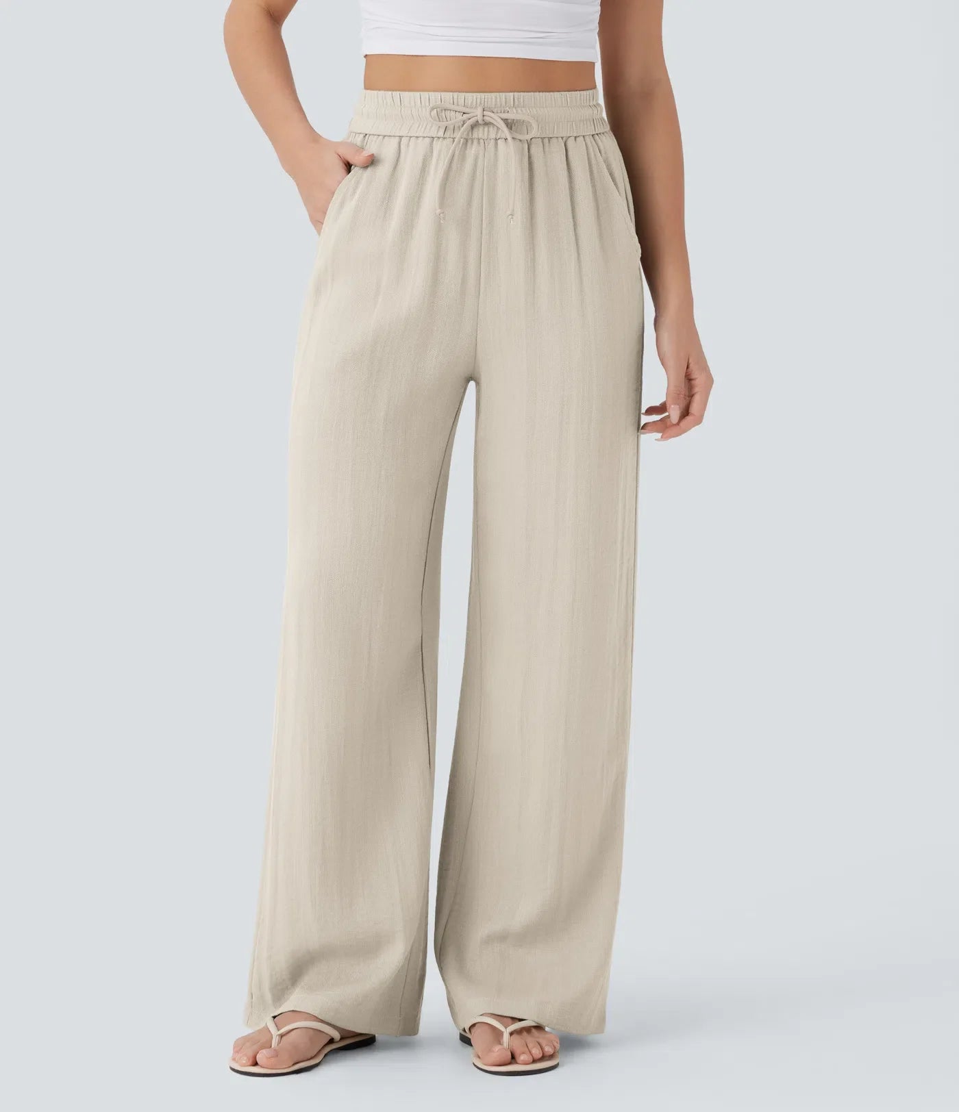 Pantalon casual taille haute à jambe large effet lin avec cordon et poches-10