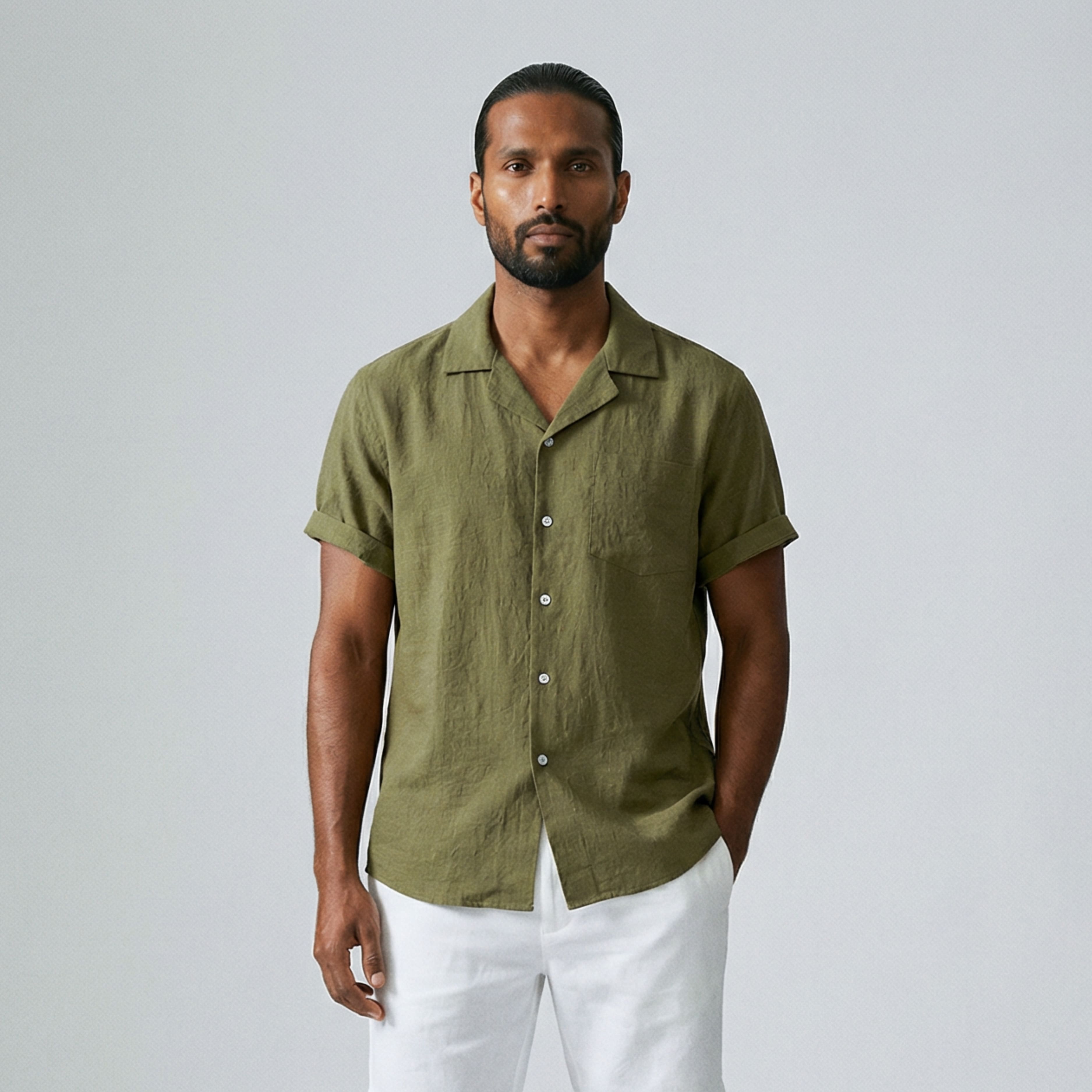 Chemise en lin à col ouvert pour homme-5