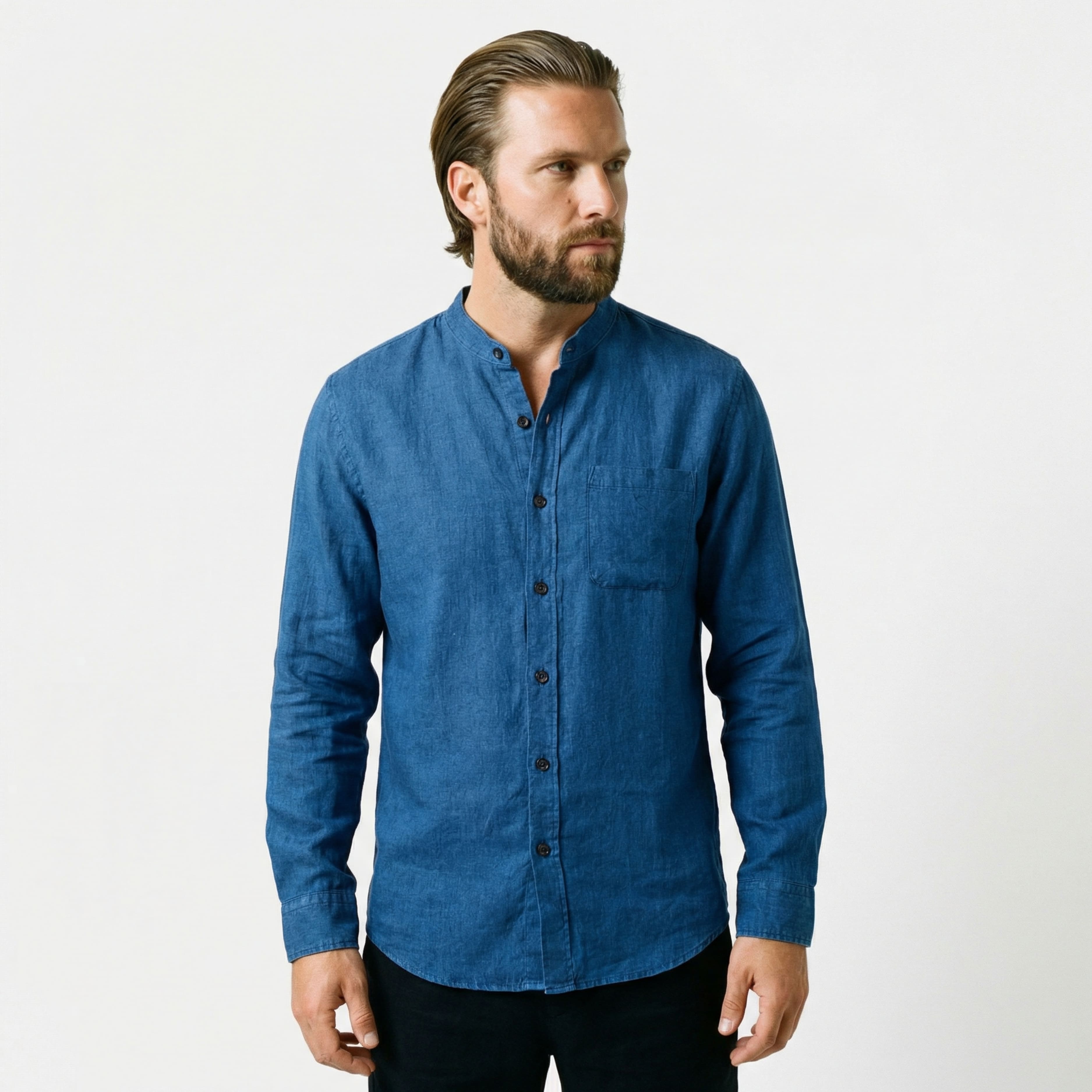 Chemise en lin à col officier pour homme-6