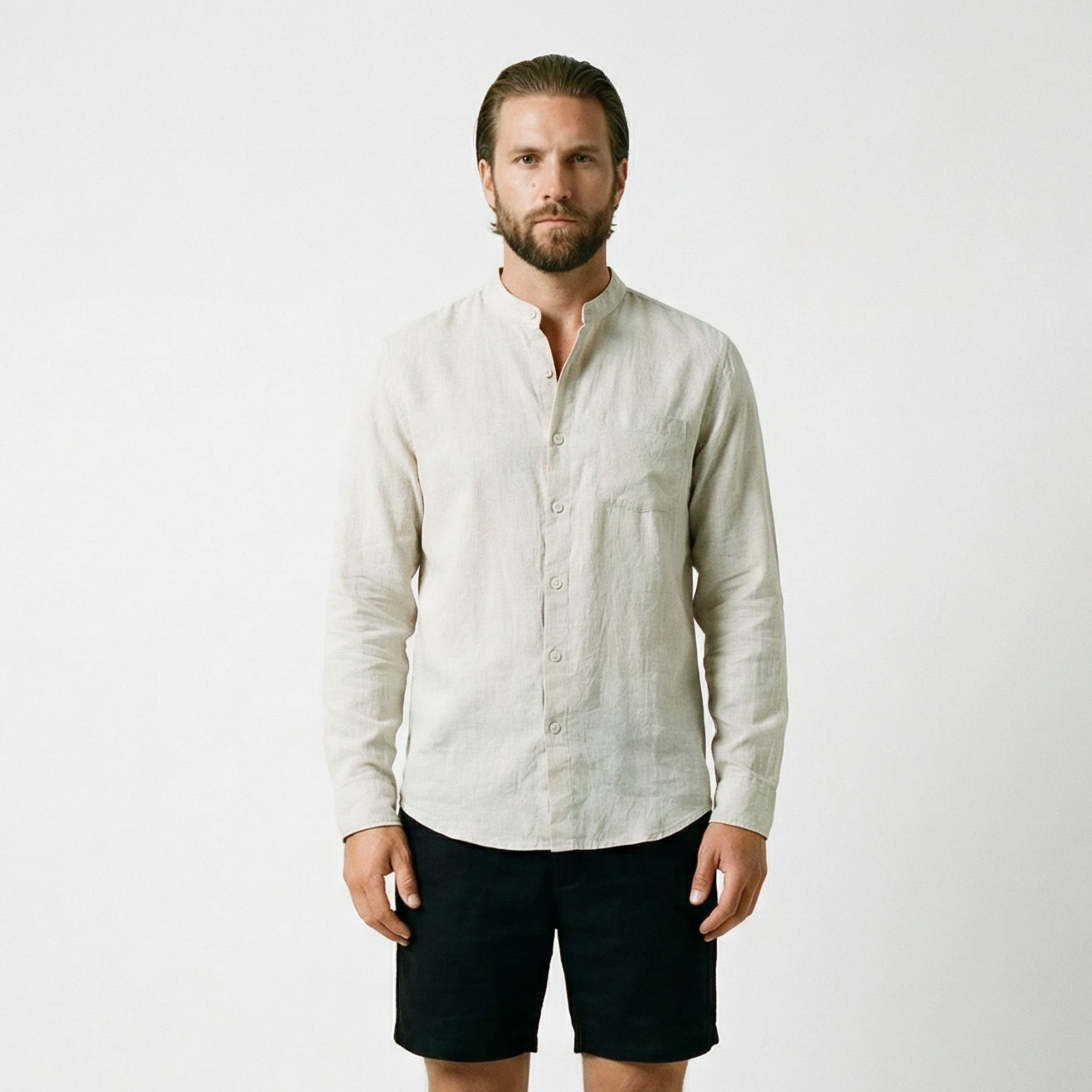 Chemise en lin à col officier pour homme-5