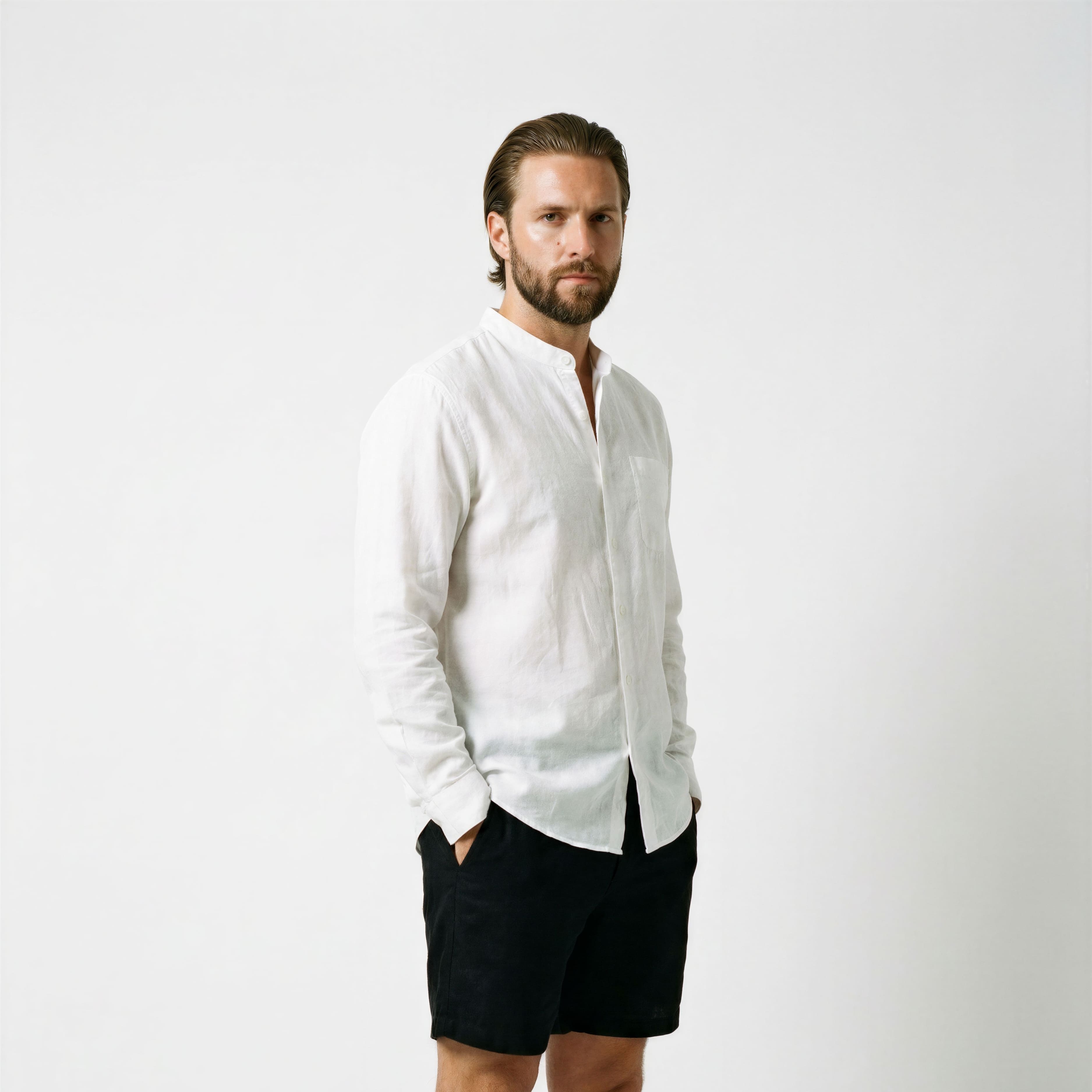 Chemise en lin à col officier pour homme-4